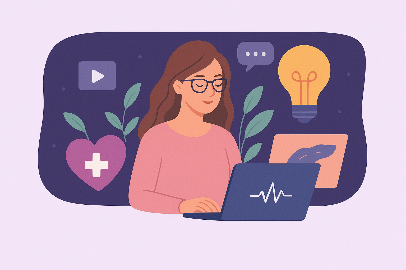 Woman working on a laptop surrounded by digital marketing icons and creative elements